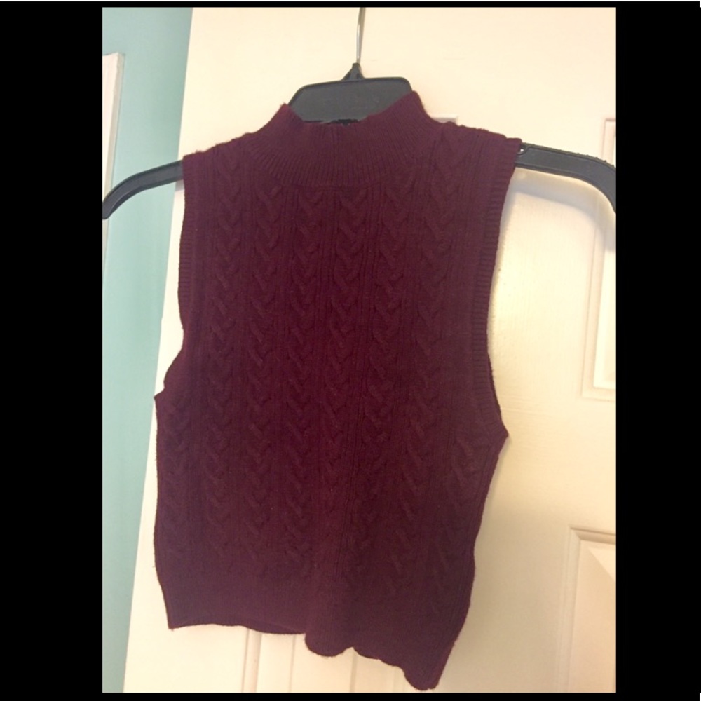 F21 Maroon sleeveless cable knit mock neck